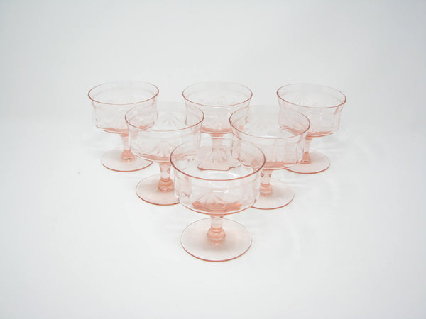 edgebrookhouse - Antique Tiffin Pink Cut Crystal Coupe Champagne Sherbet Glasses with Floral Design - 6 Pieces