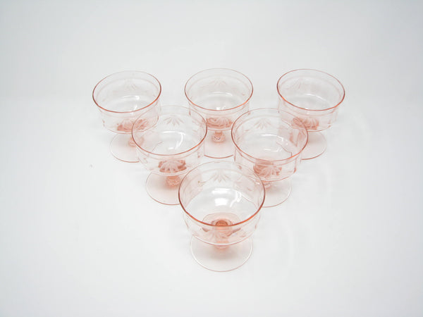 edgebrookhouse - Antique Tiffin Pink Cut Crystal Coupe Champagne Sherbet Glasses with Floral Design - 6 Pieces