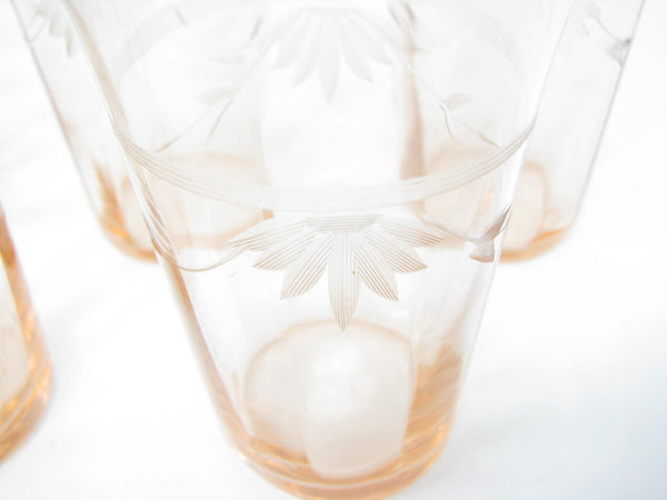 edgebrookhouse - Antique Tiffin Pink Cut Crystal Juice Glasses with Floral Design - 6 Pieces