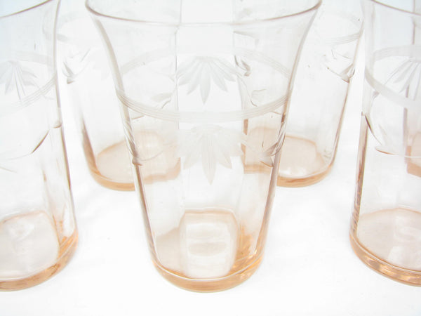 edgebrookhouse - Antique Tiffin Pink Cut Crystal Juice Glasses with Floral Design - 6 Pieces