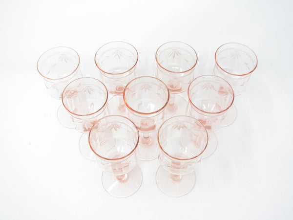 edgebrookhouse - Antique Tiffin Pink Cut Crystal Wine Goblets with Floral Design - 9 Pieces