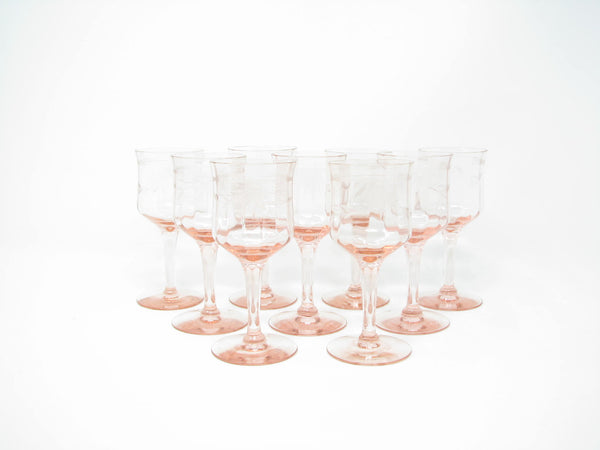 edgebrookhouse - Antique Tiffin Pink Cut Crystal Wine Goblets with Floral Design - 9 Pieces