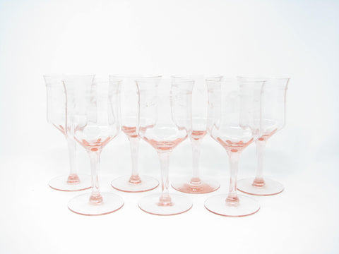 edgebrookhouse - Antique Tiffin Pink Cut Large Crystal Wine or Water Goblets with Floral Design - 7 Pieces