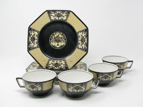 edgebrookhouse - Antique Wedgwood & Co Nanette Black Earthenware Cups & Plates - 8 Pieces