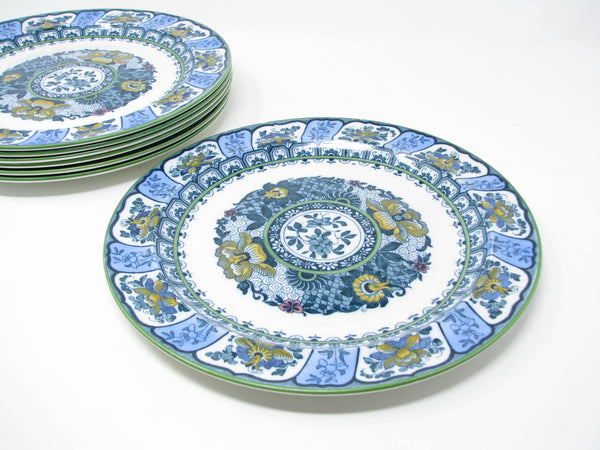 edgebrookhouse - Antique Wedgwood Pekin Blue Earthenware Dinner Plates with Floral Pattern and Green Trim - 6 Pieces