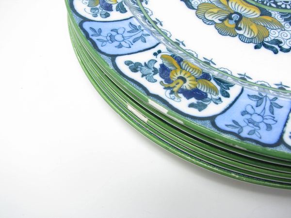 edgebrookhouse - Antique Wedgwood Pekin Blue Earthenware Dinner Plates with Floral Pattern and Green Trim - 6 Pieces