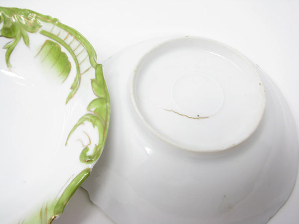 edgebrookhouse - Antique Small White Porcelain Bowls with Textured and Hand-Painted Art Nouveau Green Gold Design - 5 Pieces