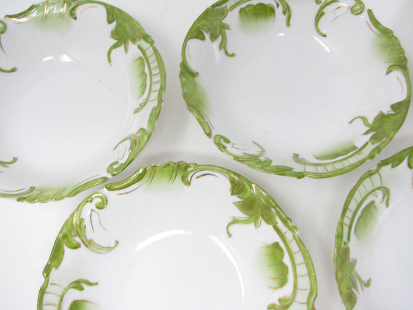 edgebrookhouse - Antique Small White Porcelain Bowls with Textured and Hand-Painted Art Nouveau Green Gold Design - 5 Pieces