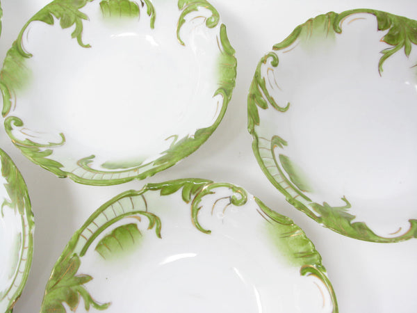 edgebrookhouse - Antique Small White Porcelain Bowls with Textured and Hand-Painted Art Nouveau Green Gold Design - 5 Pieces