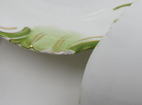 edgebrookhouse - Antique Small White Porcelain Bowls with Textured and Hand-Painted Art Nouveau Green Gold Design - 5 Pieces