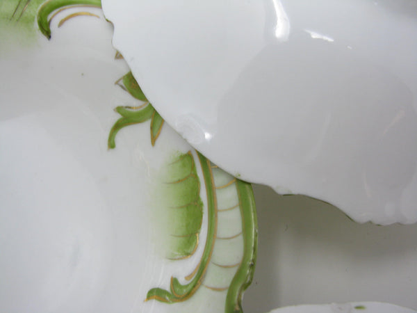 edgebrookhouse - Antique Small White Porcelain Bowls with Textured and Hand-Painted Art Nouveau Green Gold Design - 5 Pieces