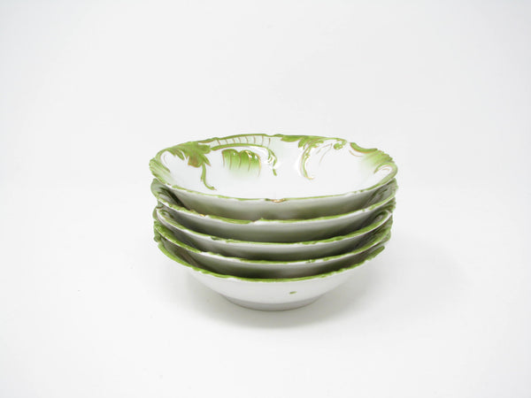 edgebrookhouse - Antique Small White Porcelain Bowls with Textured and Hand-Painted Art Nouveau Green Gold Design - 5 Pieces
