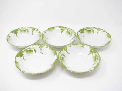 edgebrookhouse - Antique Small White Porcelain Bowls with Textured and Hand-Painted Art Nouveau Green Gold Design - 5 Pieces