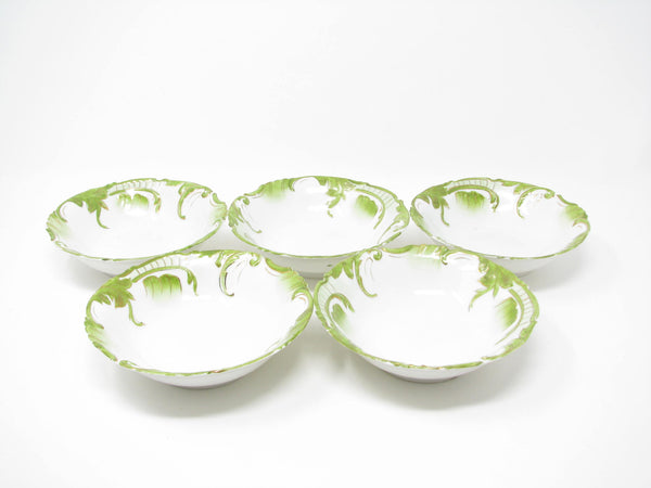 edgebrookhouse - Antique Small White Porcelain Bowls with Textured and Hand-Painted Art Nouveau Green Gold Design - 5 Pieces