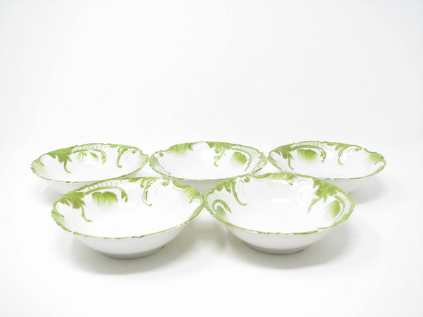 edgebrookhouse - Antique Small White Porcelain Bowls with Textured and Hand-Painted Art Nouveau Green Gold Design - 5 Pieces