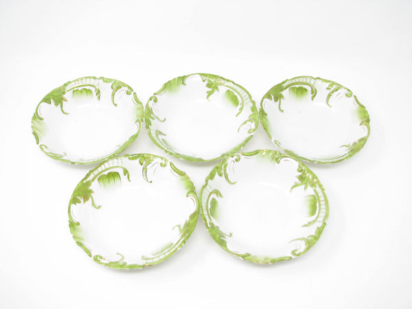 edgebrookhouse - Antique Small White Porcelain Bowls with Textured and Hand-Painted Art Nouveau Green Gold Design - 5 Pieces