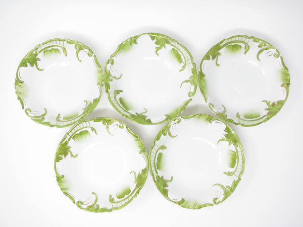 edgebrookhouse - Antique Small White Porcelain Bowls with Textured and Hand-Painted Art Nouveau Green Gold Design - 5 Pieces