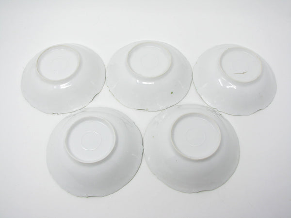 edgebrookhouse - Antique Small White Porcelain Bowls with Textured and Hand-Painted Art Nouveau Green Gold Design - 5 Pieces