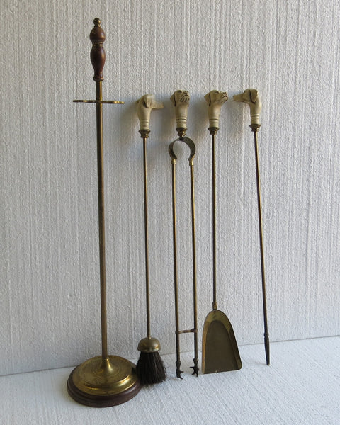 edgebrookhouse - Antique English Regency Style Solid Brass Fireplace Tools with Dog Head Handles - 5 Pieces
