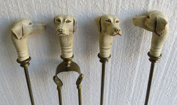 edgebrookhouse - Antique English Regency Style Solid Brass Fireplace Tools with Dog Head Handles - 5 Pieces