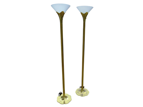 edgebrookhouse - Art Deco Style Stiffel Brass Tulip / Lily Torchiere Floor Lamps on Lotus Base - a Pair