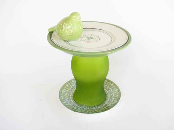 edgebrookhouse - Boho Chic Handmade Two Tier Green Glass & Ceramic Pedestal Tray with Bird