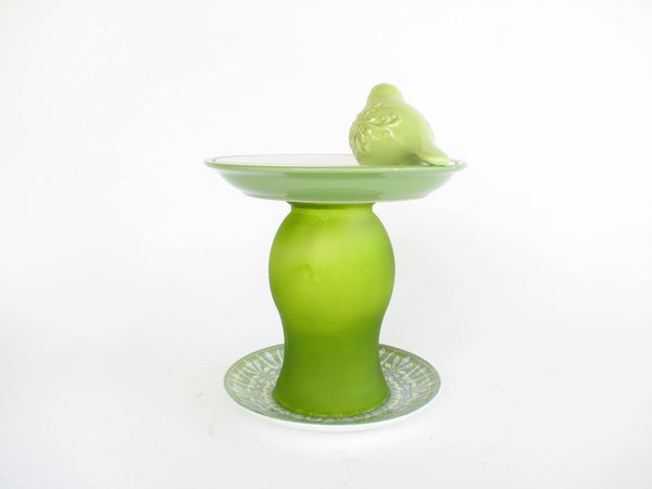 edgebrookhouse - Boho Chic Handmade Two Tier Green Glass & Ceramic Pedestal Tray with Bird