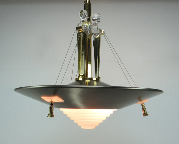 edgebrookhouse - Hollywood Regency Art Deco Style Crystal, Brass, Frosted Glass, and Brushed Steel Chandelier