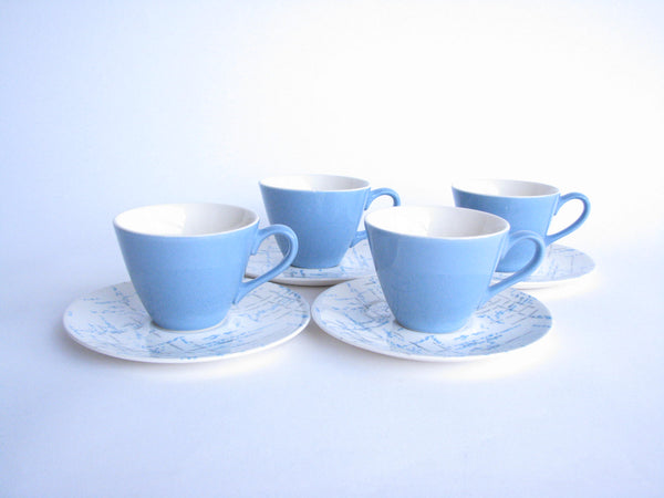 edgebrookhouse - Homer Laughlin Blue and Gray Hatch Cups and Saucers - Set of 4