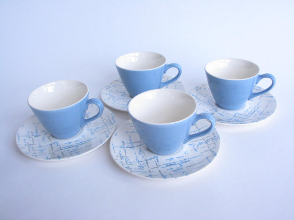 edgebrookhouse - Homer Laughlin Blue and Gray Hatch Cups and Saucers - Set of 4