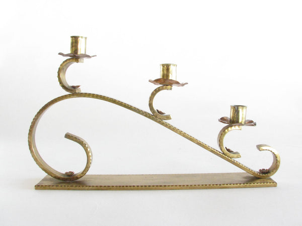 edgebrookhouse - Vintage Large Hand Forged Solid Brass Scroll Candelabra Candle Holder with Copper Bobeches and Rosettes