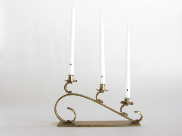 edgebrookhouse - Vintage Large Hand Forged Solid Brass Scroll Candelabra Candle Holder with Copper Bobeches and Rosettes