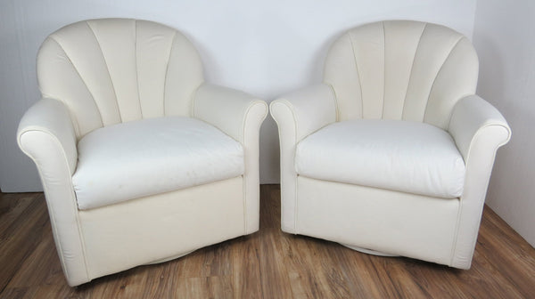 edgebrookhouse - Late 20th Century Vintage Hollywood Regency White Scallop Back Swivel Lounge Chairs - a Pair