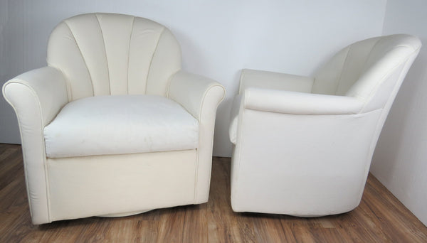 edgebrookhouse - Late 20th Century Vintage Hollywood Regency White Scallop Back Swivel Lounge Chairs - a Pair