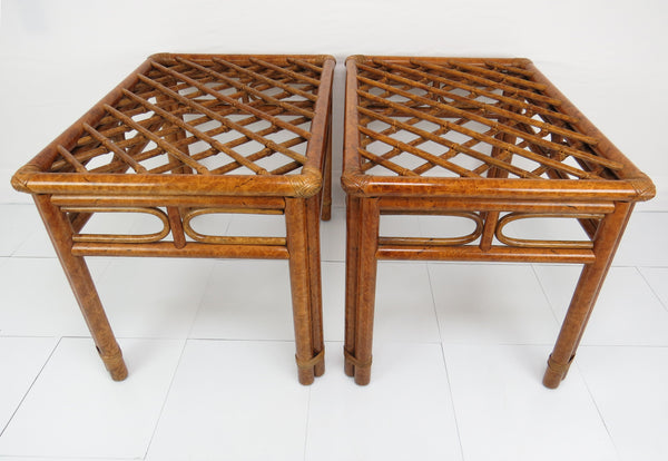 edgebrookhouse - Late 20th Century Faux Tiger Bamboo and Rattan Glass Top End Tables - a Pair