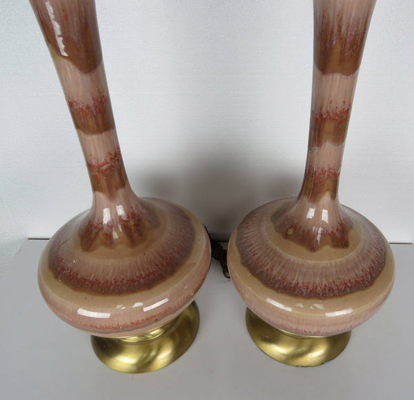 edgebrookhouse - mid century modern pink italian glazed ceramic and brass base lamps a pair
