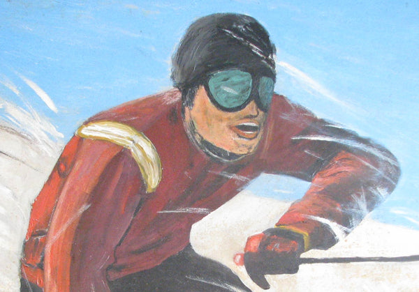 edgebrookhouse - Mid-Century Americana Oil on Board Winter Sporting Action Scene of a Down Hill Skier by Ray Maurin