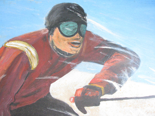 edgebrookhouse - Mid-Century Americana Oil on Board Winter Sporting Action Scene of a Down Hill Skier by Ray Maurin