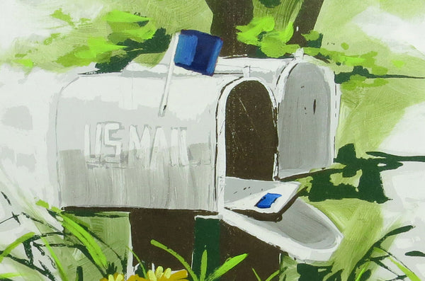 edgebrookhouse - Mid-Century Modern Oil Painting by Robert McCaine Featuring Mailboxes, Bird, and Foliage