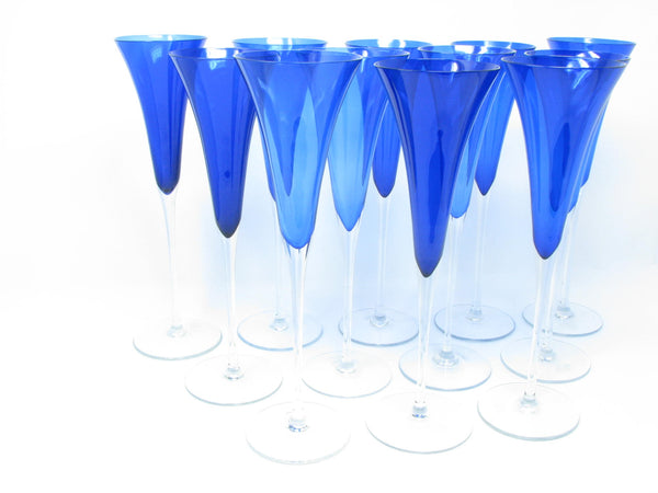 edgebrookhouse - Modern Crate & Barrel Cobalt Blue Fluted Champagne Glasses Made in Romania - 12 Pieces