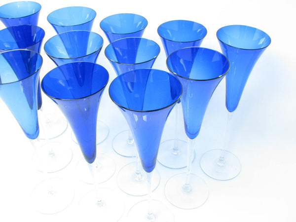 edgebrookhouse - Modern Crate & Barrel Cobalt Blue Fluted Champagne Glasses Made in Romania - 12 Pieces