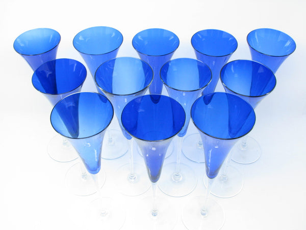 edgebrookhouse - Modern Crate & Barrel Cobalt Blue Fluted Champagne Glasses Made in Romania - 12 Pieces