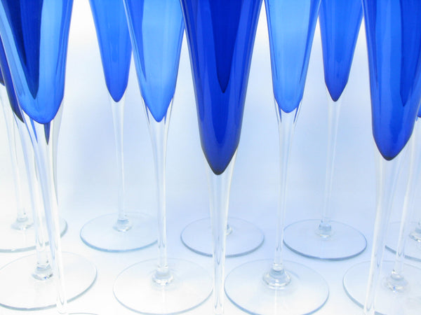 edgebrookhouse - Modern Crate & Barrel Cobalt Blue Fluted Champagne Glasses Made in Romania - 12 Pieces