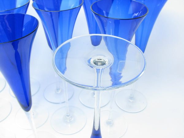 edgebrookhouse - Modern Crate & Barrel Cobalt Blue Fluted Champagne Glasses Made in Romania - 12 Pieces