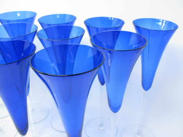 edgebrookhouse - Modern Crate & Barrel Cobalt Blue Fluted Champagne Glasses Made in Romania - 12 Pieces