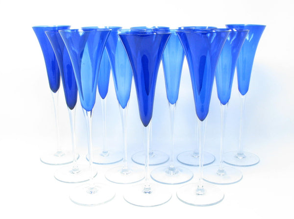 edgebrookhouse - Modern Crate & Barrel Cobalt Blue Fluted Champagne Glasses Made in Romania - 12 Pieces