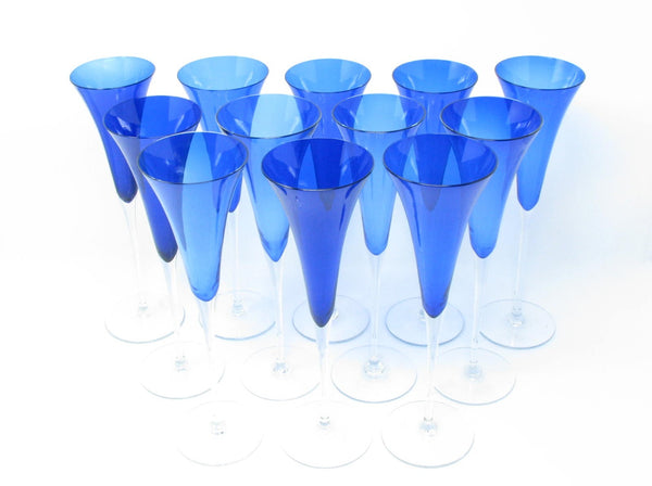 edgebrookhouse - Modern Crate & Barrel Cobalt Blue Fluted Champagne Glasses Made in Romania - 12 Pieces