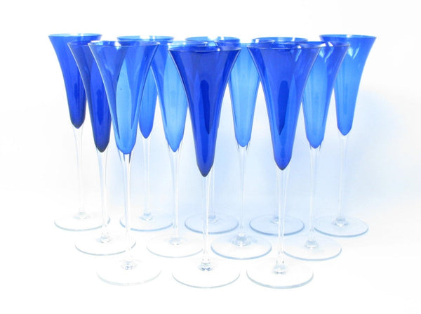 edgebrookhouse - Modern Crate & Barrel Cobalt Blue Fluted Champagne Glasses Made in Romania - 12 Pieces