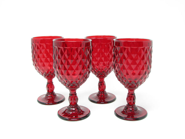 edgebrookhouse - Ruby Red Diamond Cut Pressed Glass Wine or Water Goblets by Pier 1 - 4 Pieces