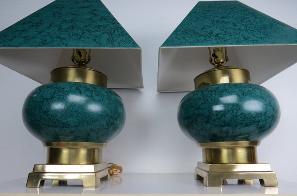 edgebrookhouse - vintage green marbled metal table lamps by frederick cooper tyndale a pair